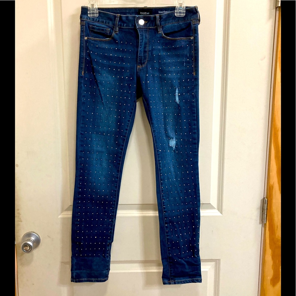 bebe Blue Skinny Jeans with Silver Accents